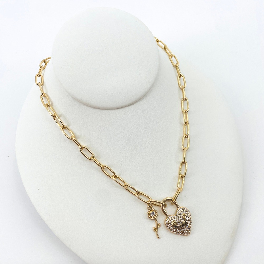 Juicy Couture Heart Lock Necklace Womens OS Gold Pave‎ Crystal Flower Paperclip